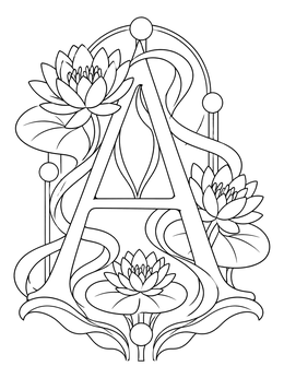 Art Nouveau style letter A coloring page decorated with elegant water lilies.