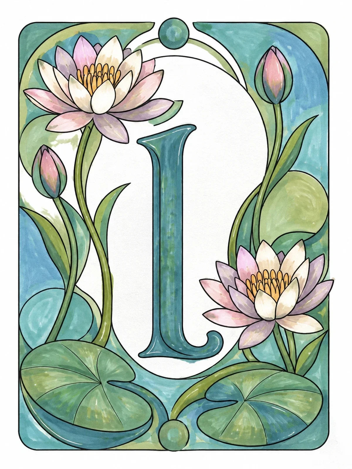 Colored example of the Art Nouveau Letter L And Water Lilies coloring page
