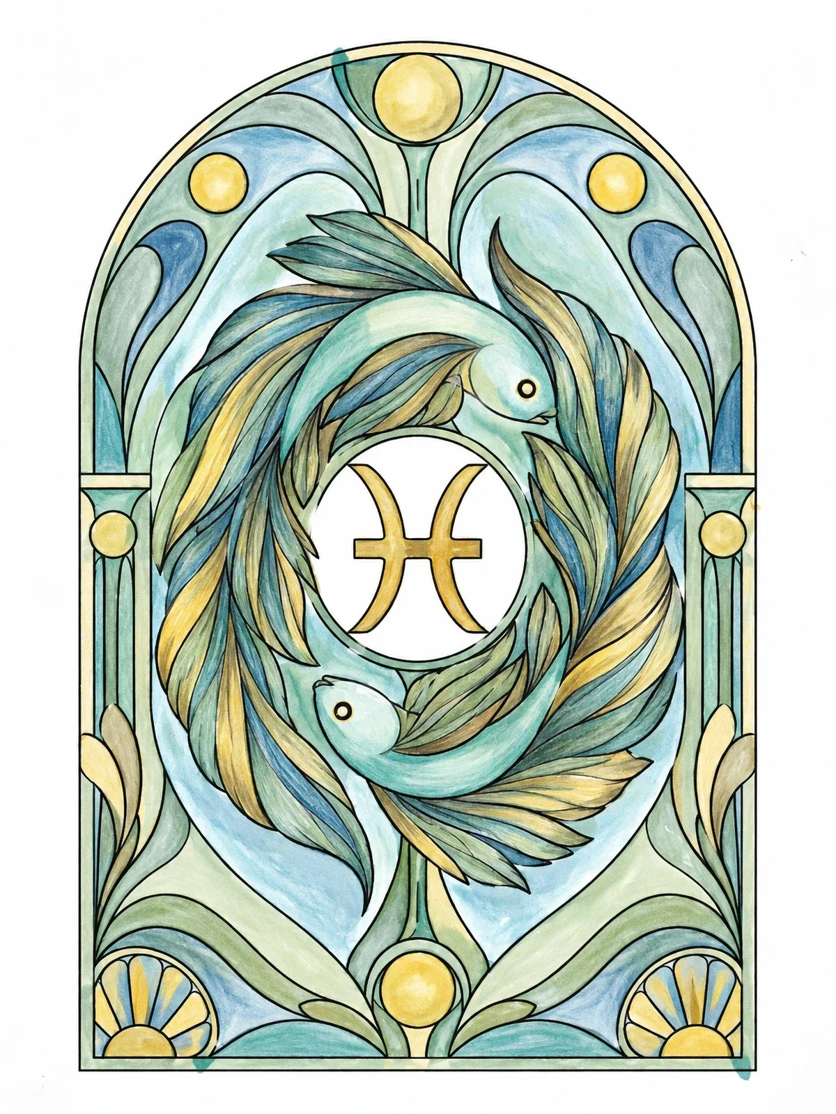 Colored example of the Art Nouveau Pisces Zodiac Arch coloring page