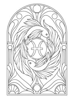 Detailed art nouveau pisces coloring page featuring two graceful fish encircling the Pisces zodiac symbol in an ornate arch.