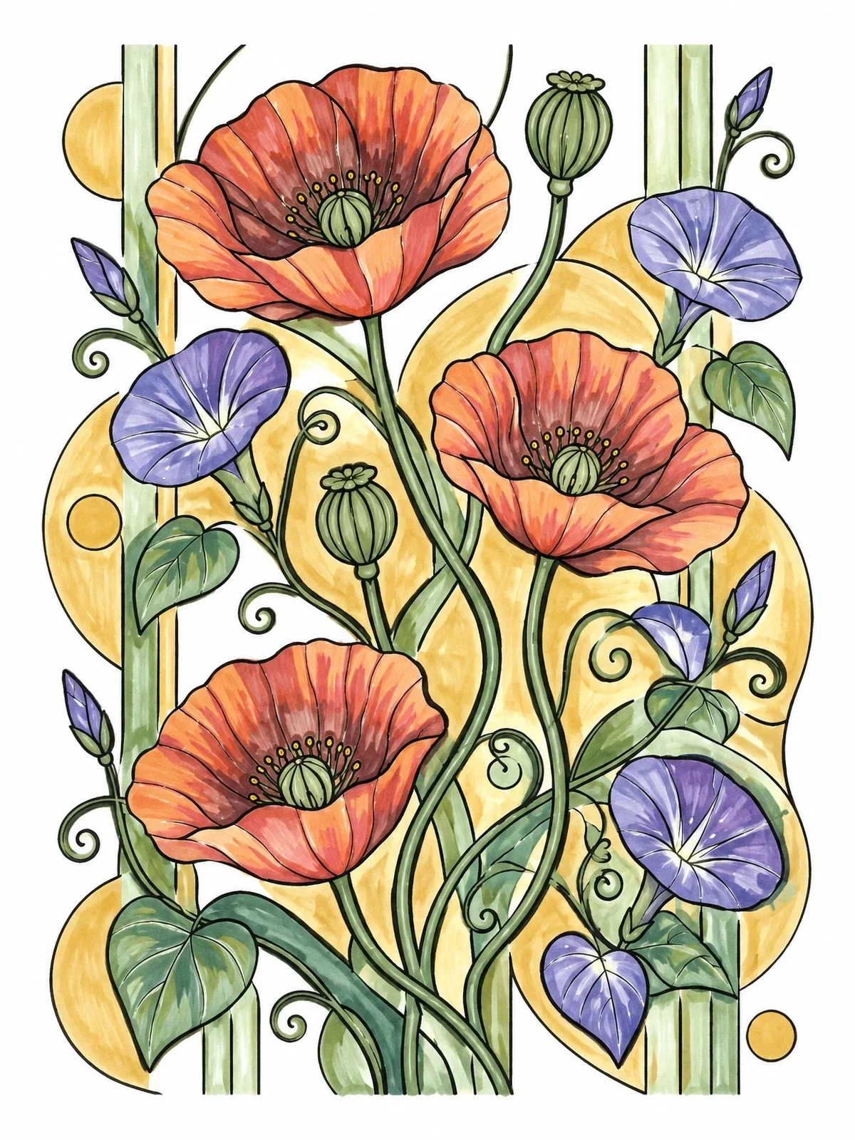 Colored example of the Art Nouveau Poppies And Morning Glories coloring page
