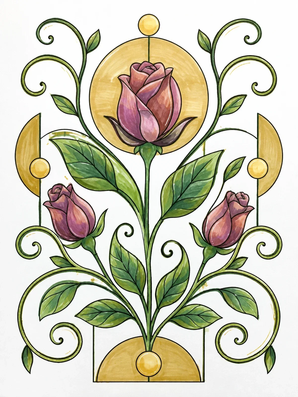 Colored example of the Art Nouveau Roses And Swirls coloring page