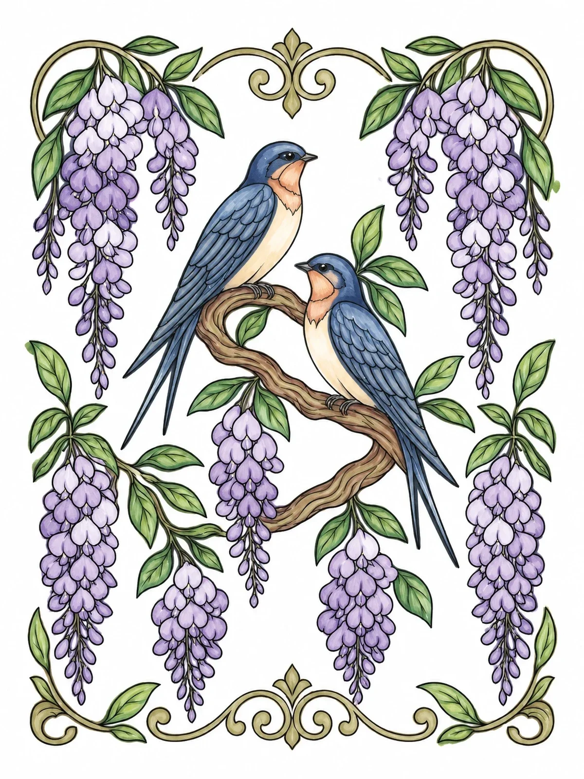 Colored example of the Swallows And Wisteria In Art Nouveau Style coloring page