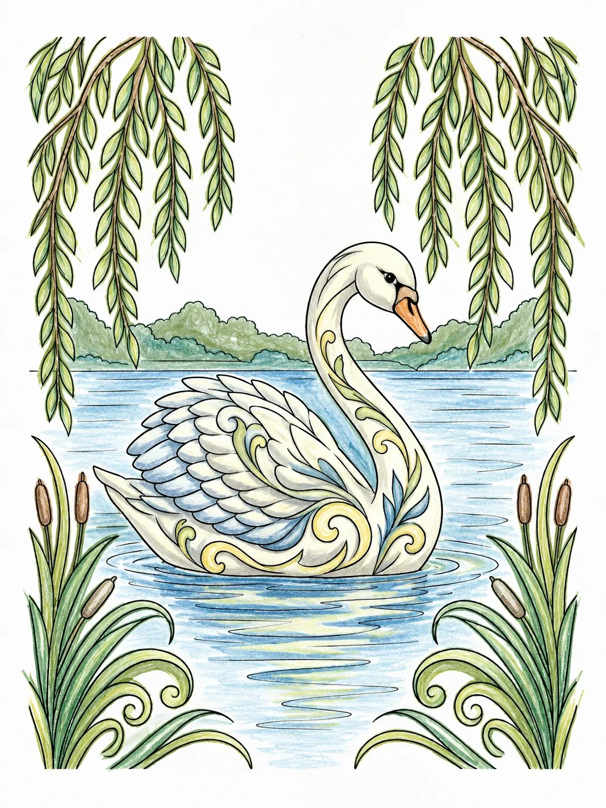 Colored example of the Graceful Swan On Lake coloring page