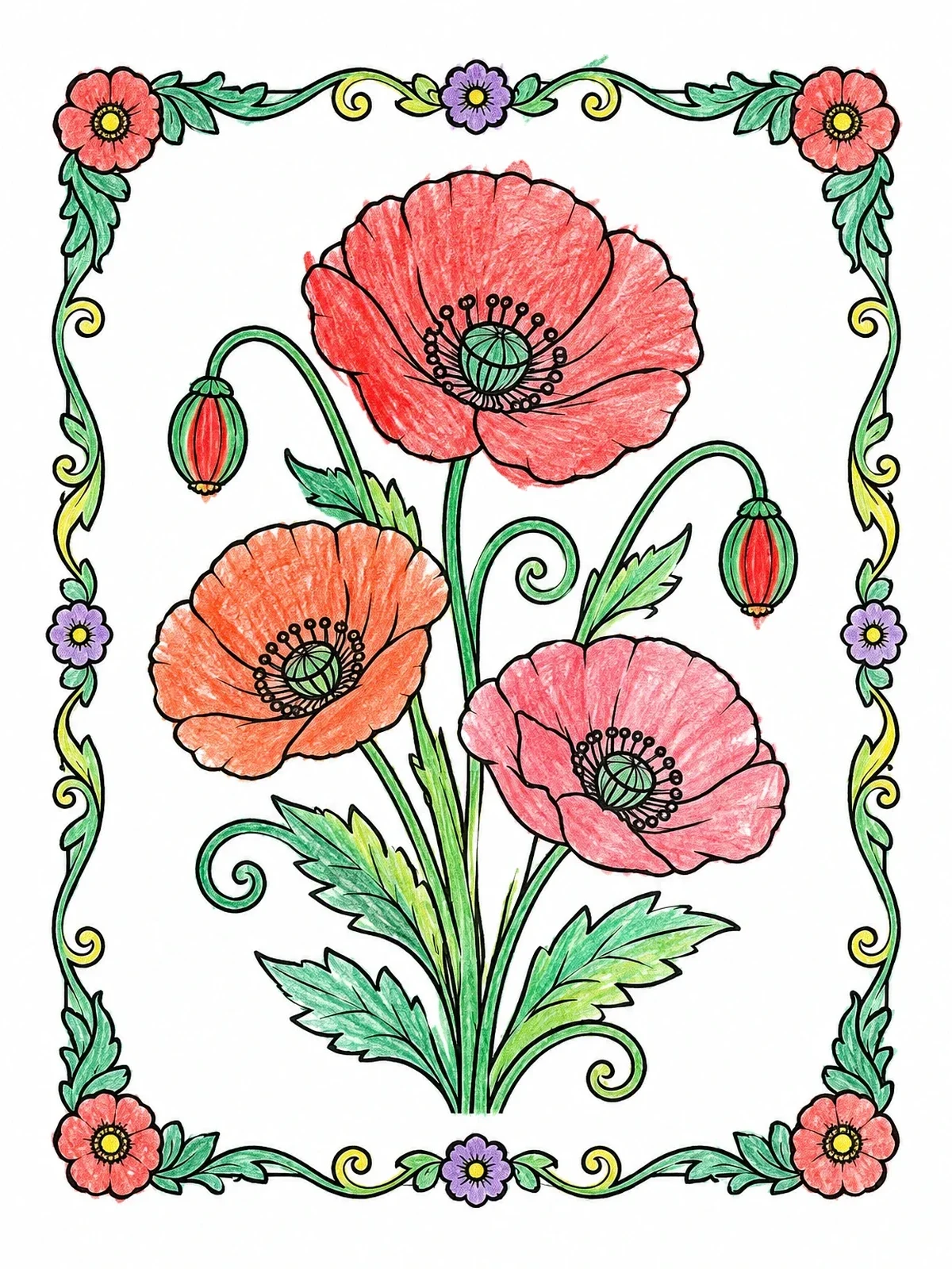 Colored example of the Vintage Poppy Bouquet With Floral Border coloring page