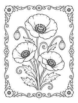 Free printable Vintage Poppy Bouquet With Floral Border coloring page