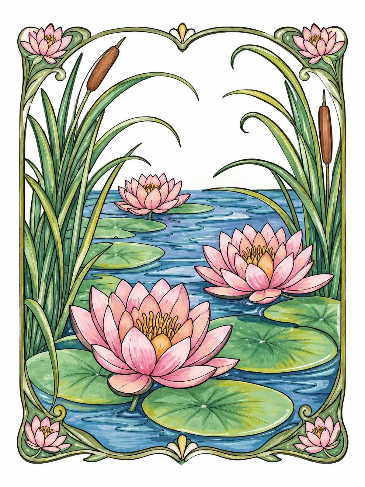 Colored example of the Art Nouveau Water Lilies Pond coloring page
