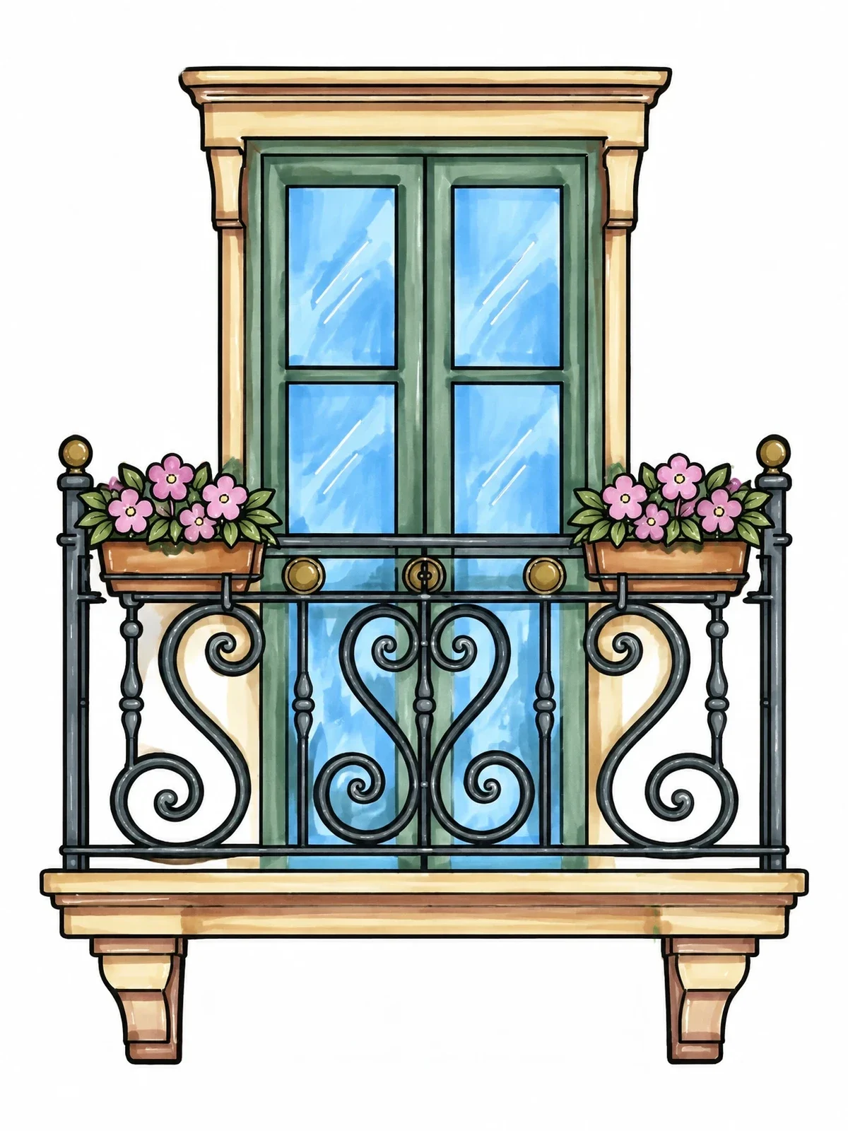 Colored example of the Art Nouveau Wrought Iron Balcony coloring page