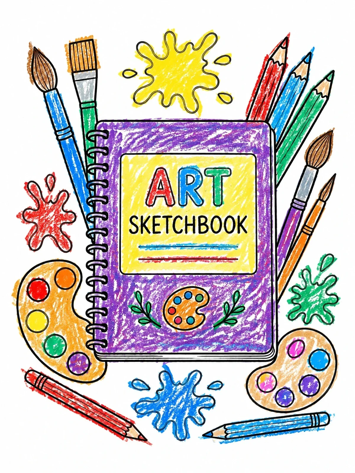 Colored example of the Art Sketchbook Cover With Supplies coloring page