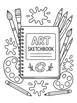 An art sketchbook book cover coloring page surrounded by paint brushes, palettes, and splatters.