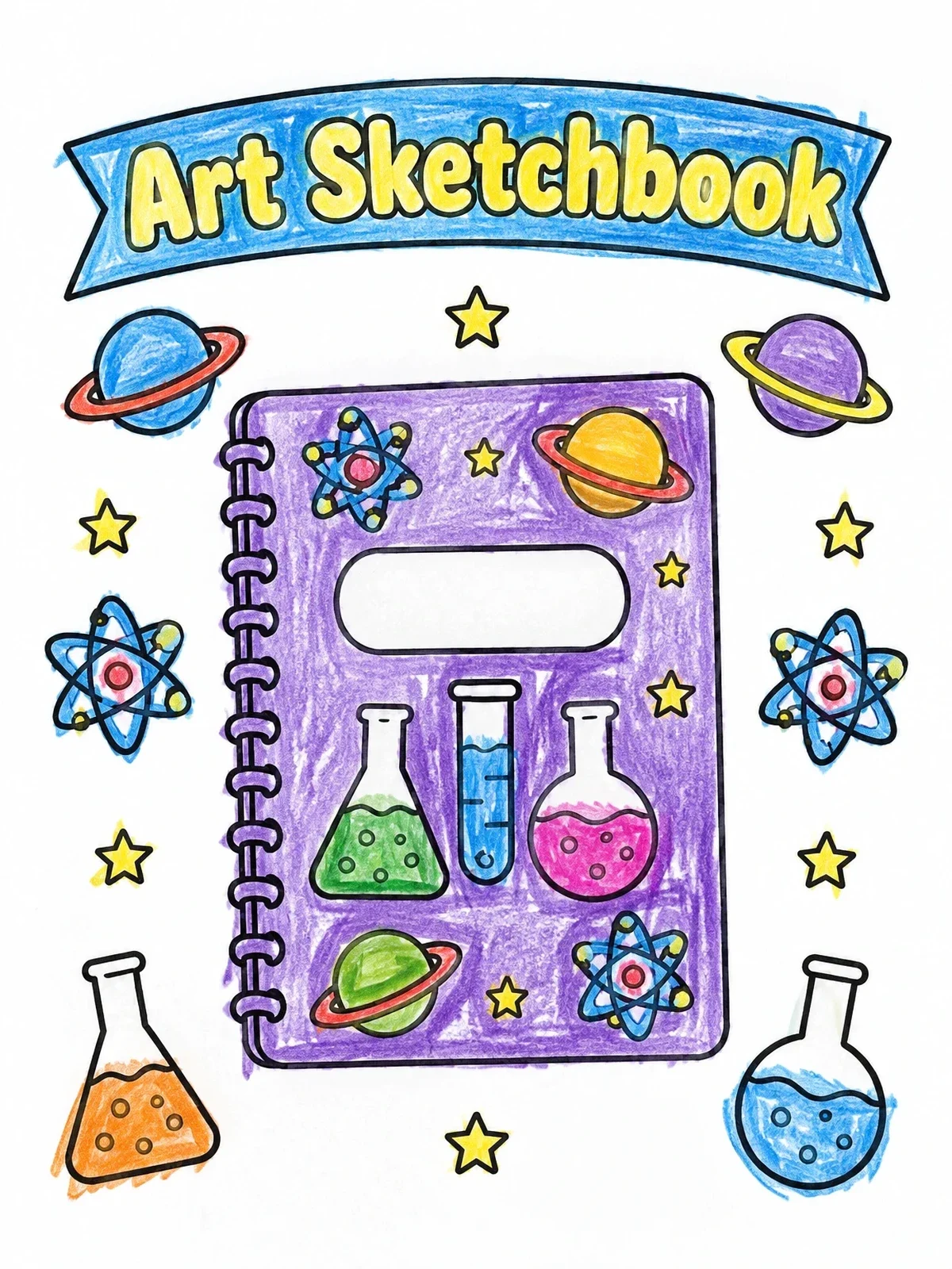 Colored example of the Science Themed Sketchbook Cover coloring page