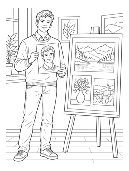 A young artist poses proudly in this portrait coloring page beside an easel of drawings.
