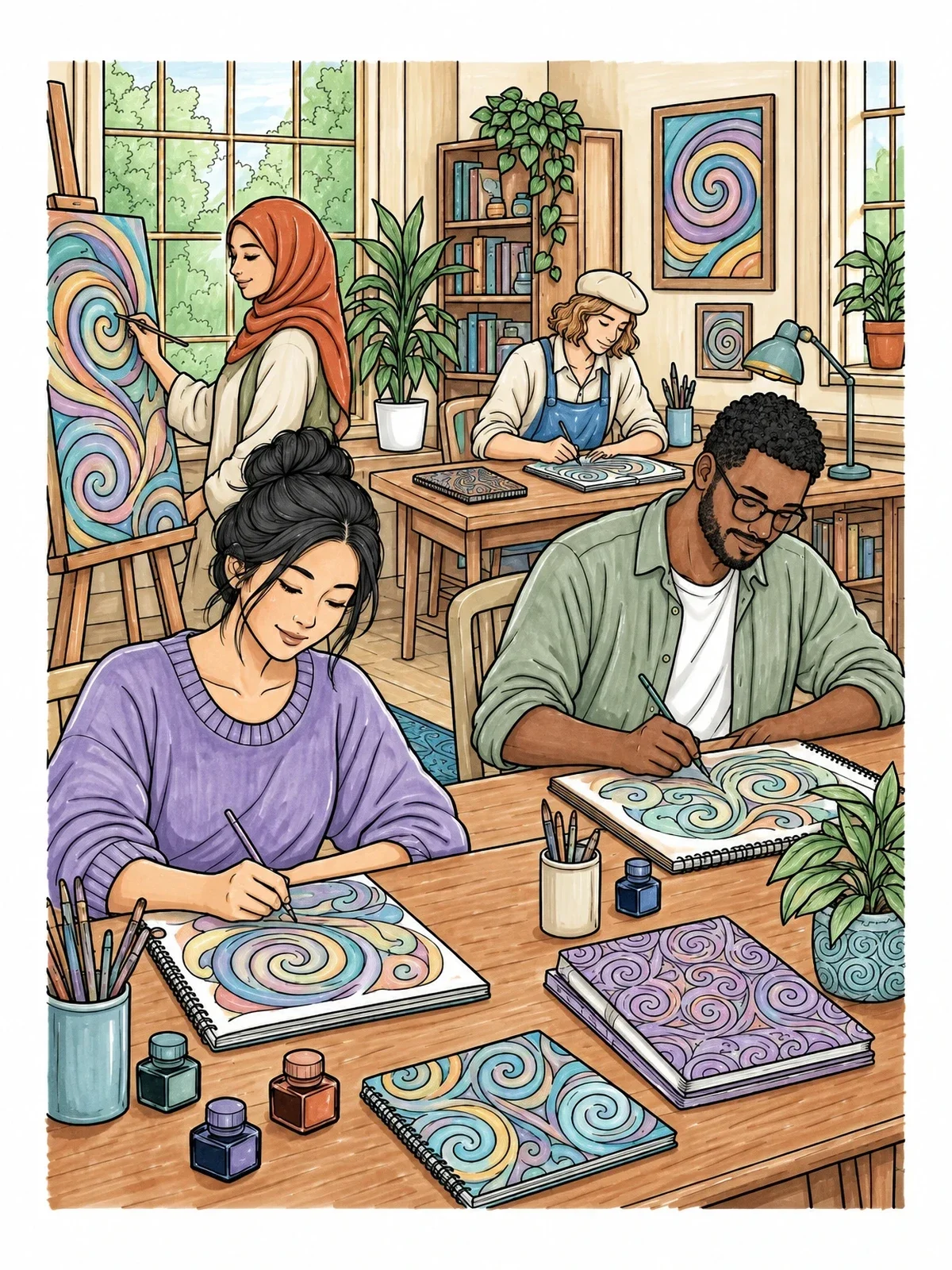 Colored example of the Art Studio Swirl Pattern Workshop coloring page