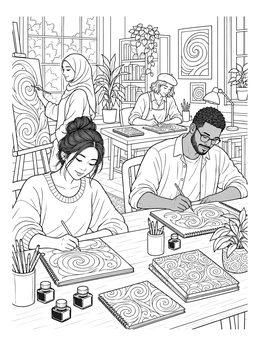 Artists sketch intricate designs in this swirl coloring page set in a cozy creative studio.