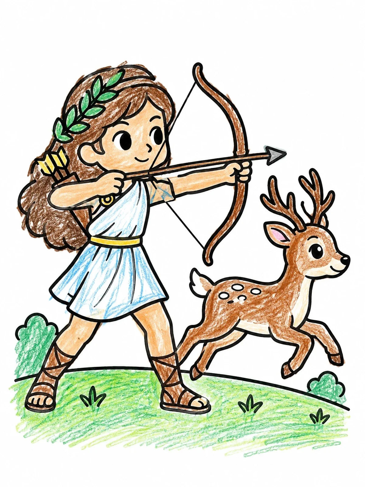 Colored example of the Cute Artemis With Forest Deer coloring page
