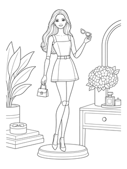 A stylish doll poses on a stand in this fashion coloring page.