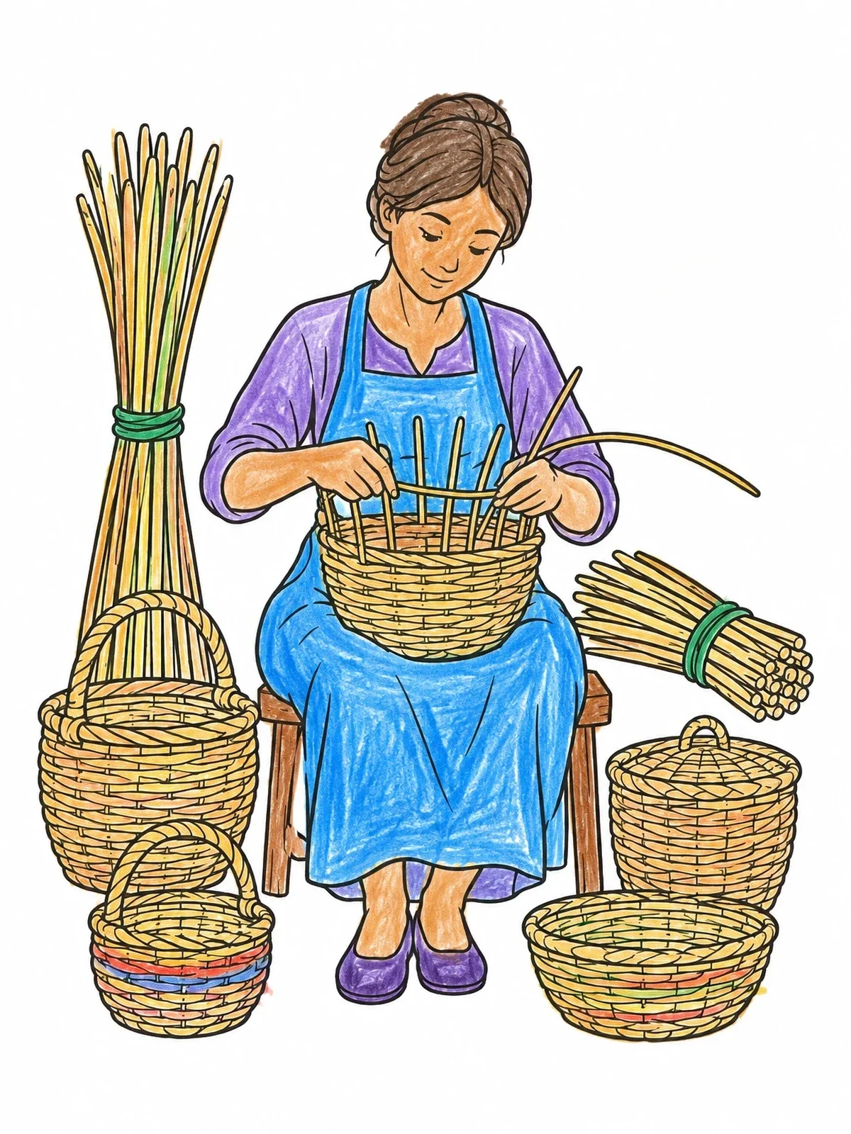 Colored example of the Artisan Weaving A Wicker Basket coloring page