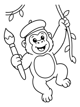 A cheerful gorilla coloring page featuring an ape in a beret holding a paintbrush on a vine.