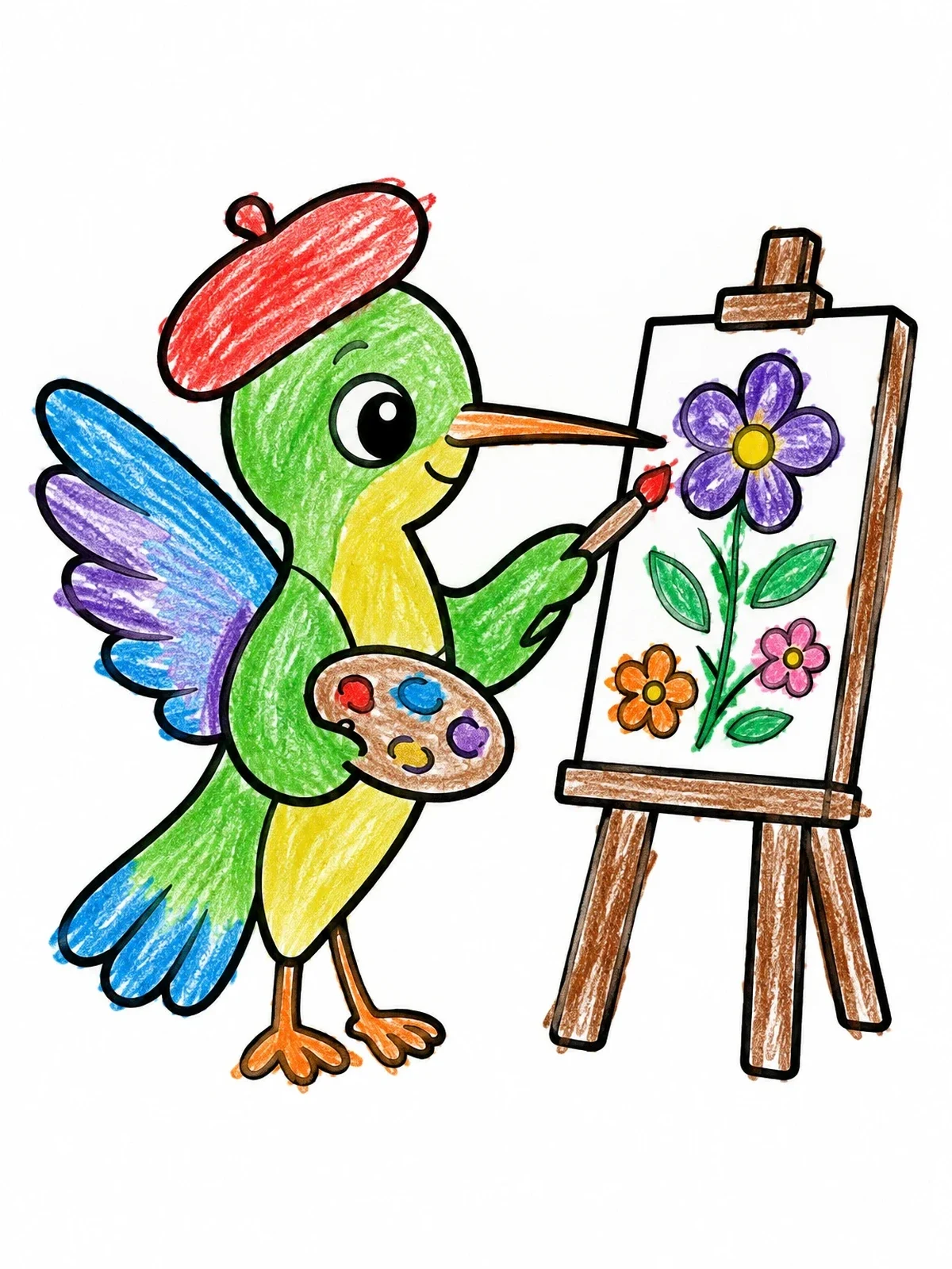Colored example of the Cute Artist Hummingbird Painting Flowers coloring page