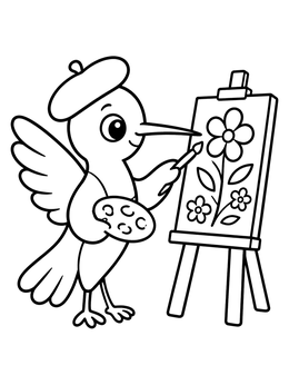 An adorable hummingbird coloring page featuring a bird in a beret painting on an easel.