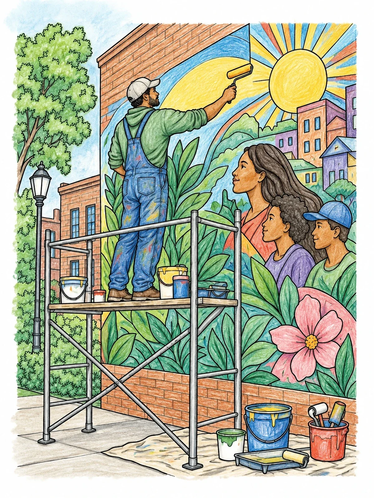 Colored example of the Artist Painting Community Wall Mural coloring page