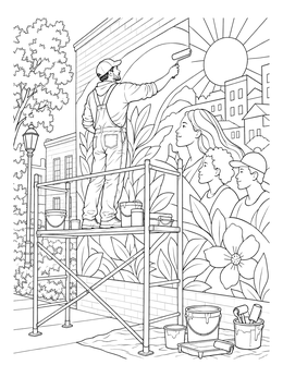 An artist working on scaffolding on this mural coloring page outdoors.