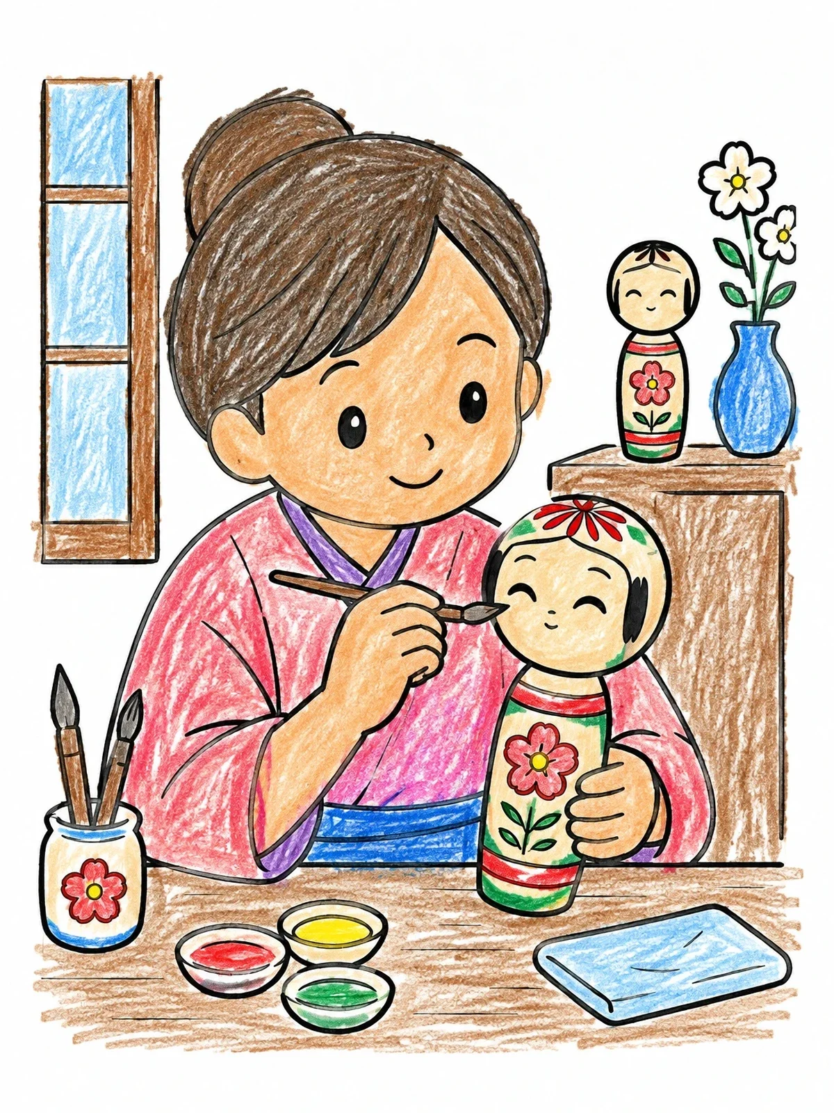 Colored example of the Artist Painting A Wooden Doll coloring page