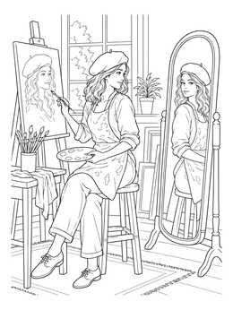 An artist paints her reflection in this detailed portrait coloring page.