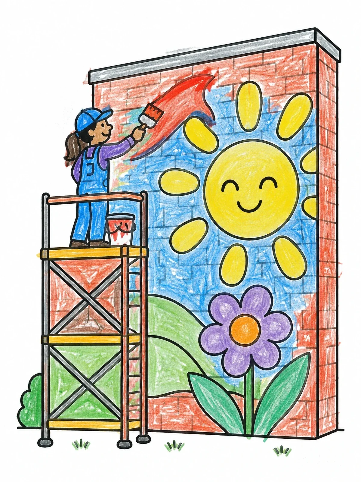 Colored example of the Artist Painting A Smiling Sun Mural coloring page