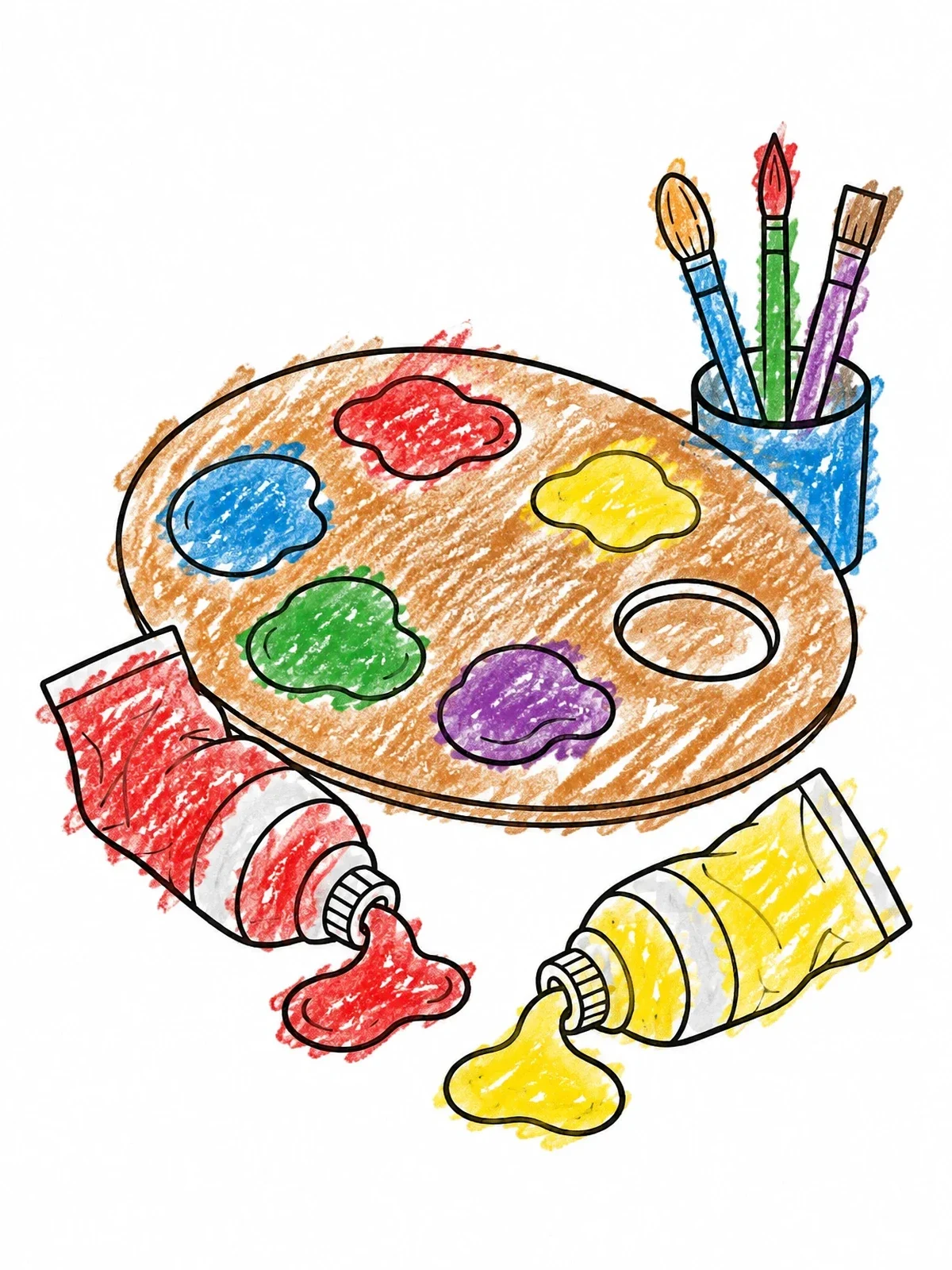 Colored example of the Artist Palette And Paint Tubes coloring page