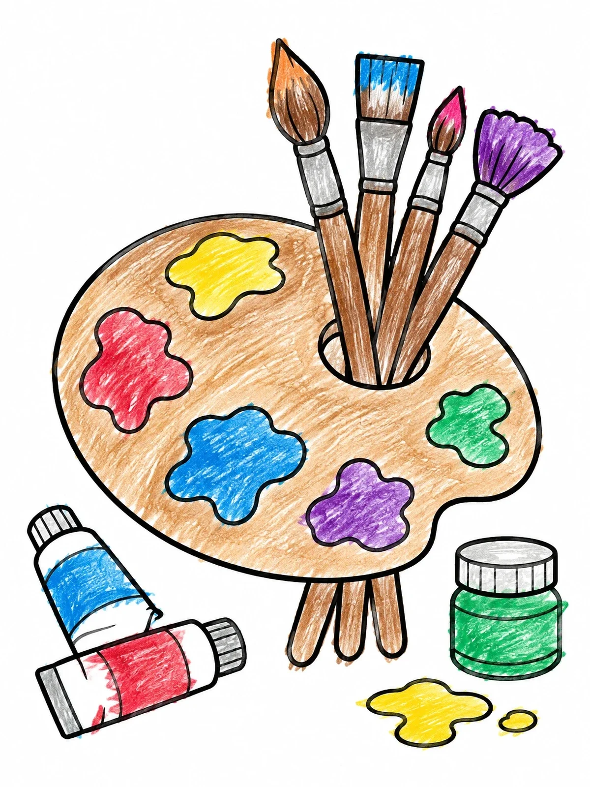 Colored example of the Artist Palette With Brushes And Paints coloring page