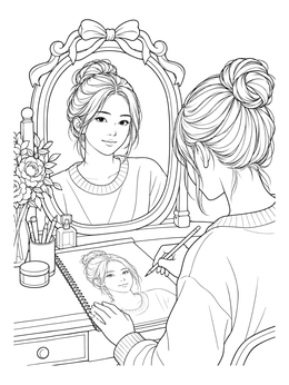 A young artist sketches her reflection in a vanity mirror in this detailed portrait coloring page.