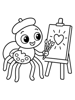 A cheerful spider coloring page showing a cartoon spider painting a heart on an easel.