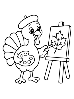 A cute artist turkey coloring page painting an autumn leaf on an easel.