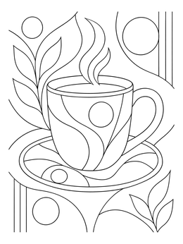 Steaming beverage in this detailed cup coloring page with abstract patterns.