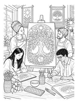 Artists painting together in this detailed tree of life coloring page.
