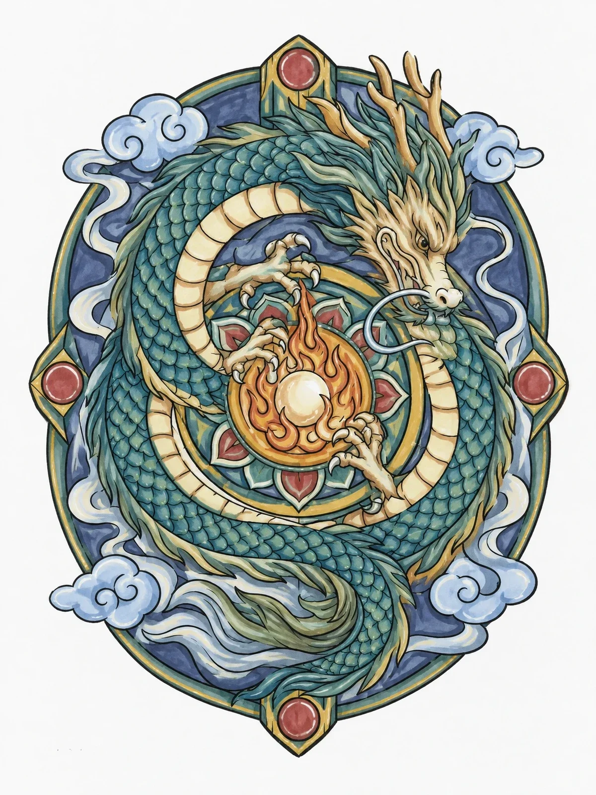 Colored example of the Asian Dragon Spiraling Around Pearl coloring page