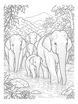 An Asian elephant herd wades through water in this detailed elephant coloring page.