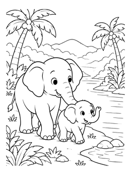 Free printable Asian Elephant Mother And Calf By River coloring page