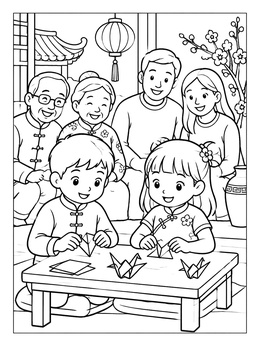 Free printable Family Watching Kids Fold Paper Cranes coloring page