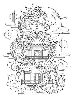 Detailed Asian coloring page with an imperial dragon wrapping around a traditional pagoda.
