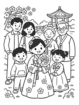 Free printable Korean Family In Traditional Hanbok coloring page