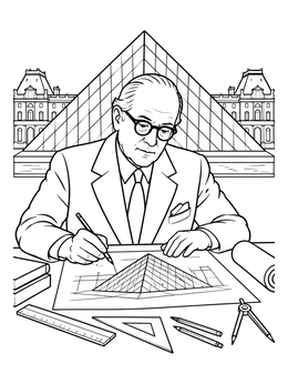 Asian pacific american heritage month coloring page showing an architect sketching the iconic glass pyramid.
