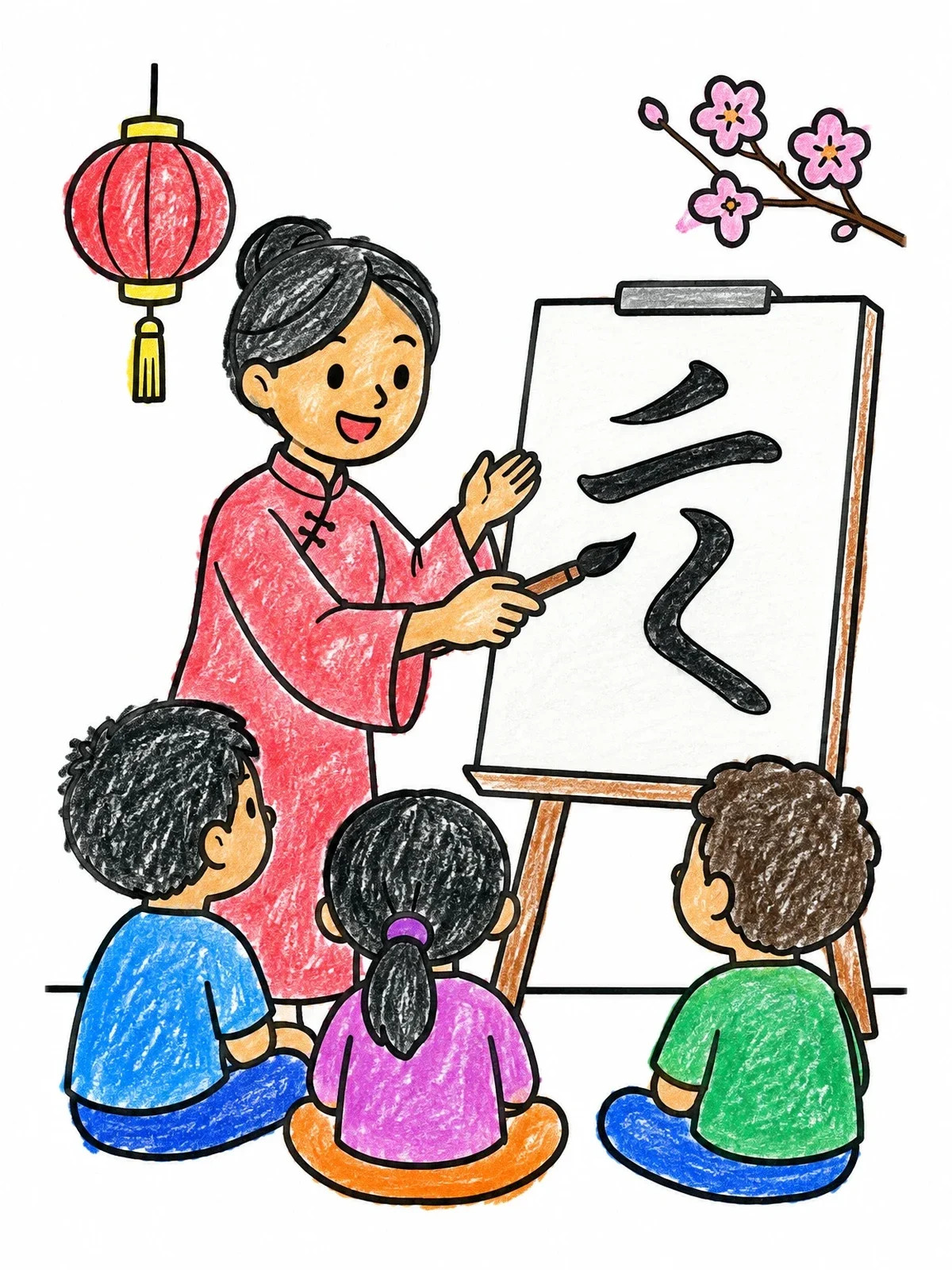 Colored example of the Calligraphy Lesson For Young Students coloring page