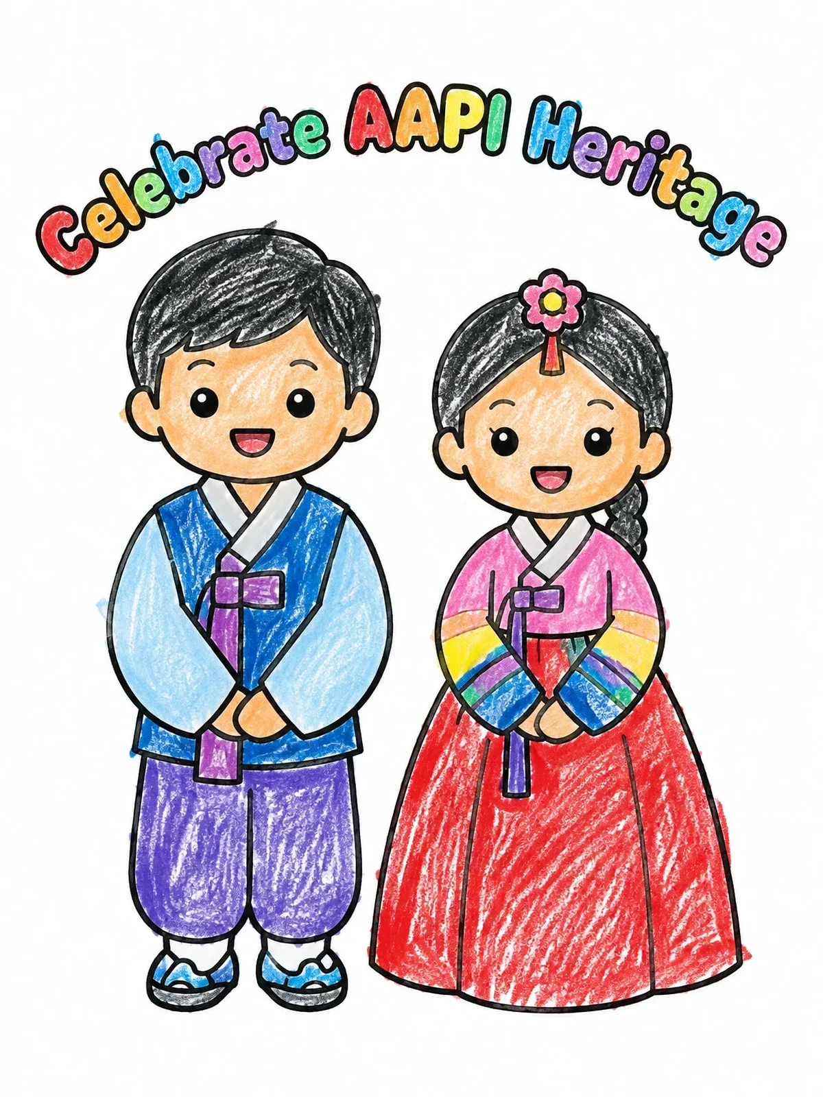 Colored example of the Children In Traditional Korean Hanbok coloring page