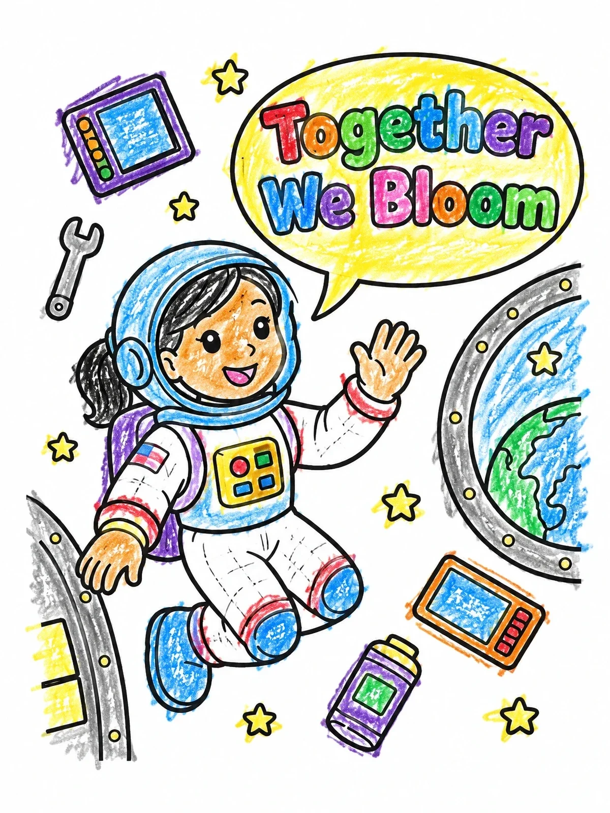 Colored example of the Cute Girl Astronaut Floating In Space coloring page