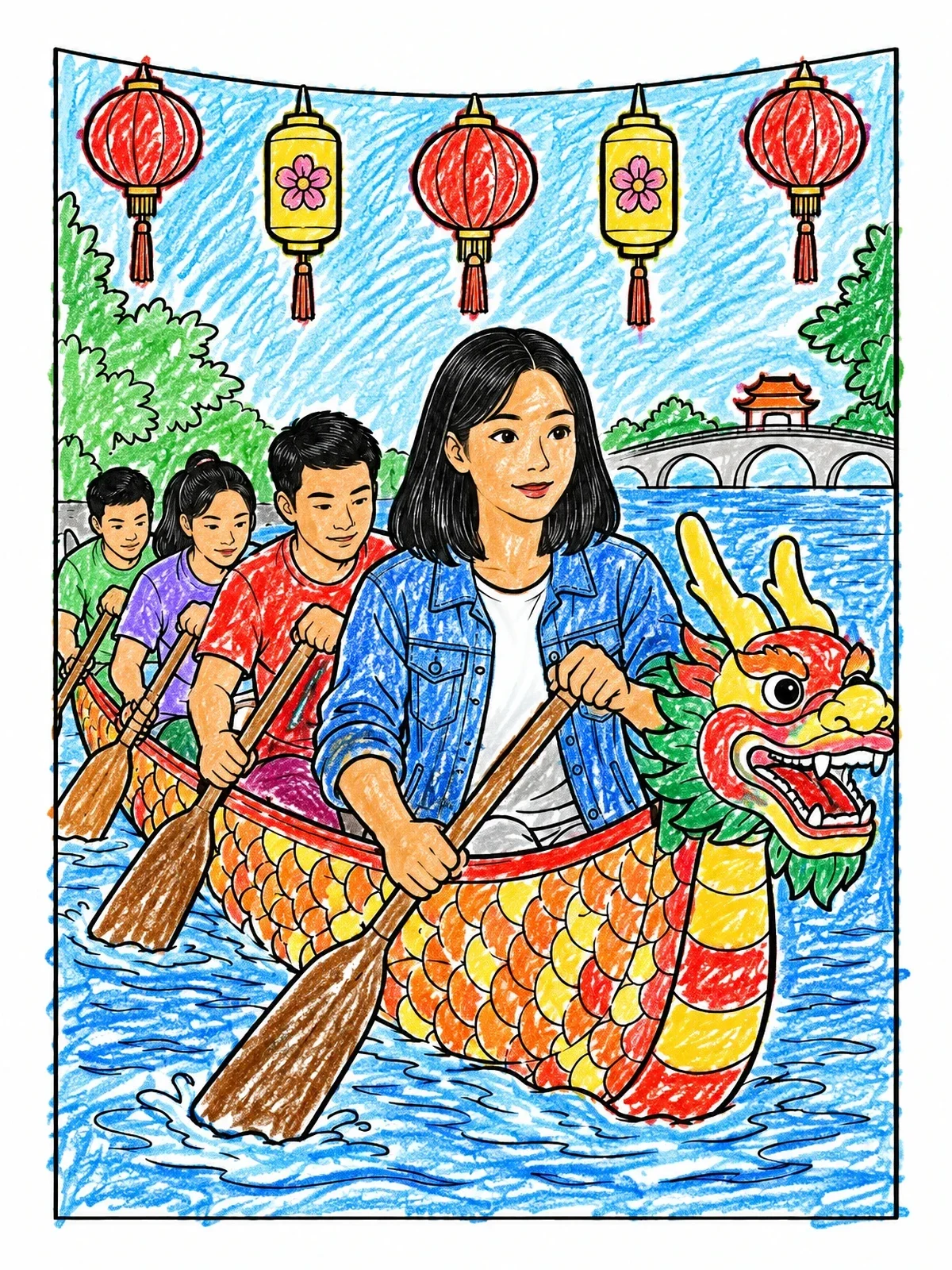 Colored example of the Dragon Boat Festival Crew Paddling coloring page