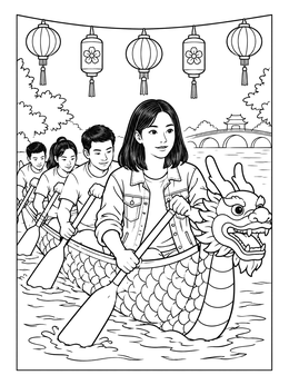 An Asian Pacific American heritage month coloring page featuring a team paddling a decorative dragon boat under lanterns.
