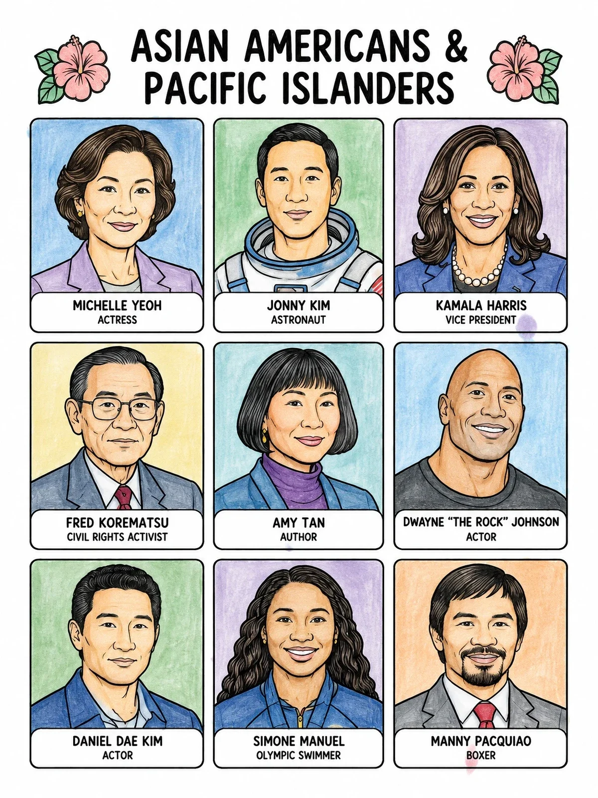 Colored example of the Famous Asian Americans And Pacific Islanders Portraits coloring page