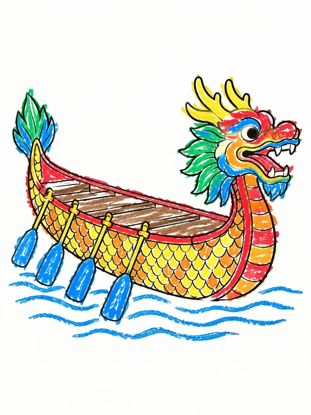 Colored example of the Traditional Dragon Boat With Oars coloring page